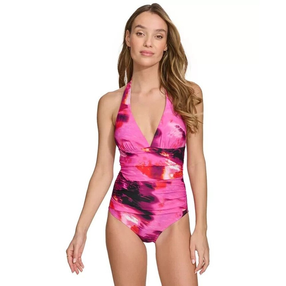 DKNY Women's Tie-Back Plunge neckline Halter-Style One-Piece Swimsuit Pink L
